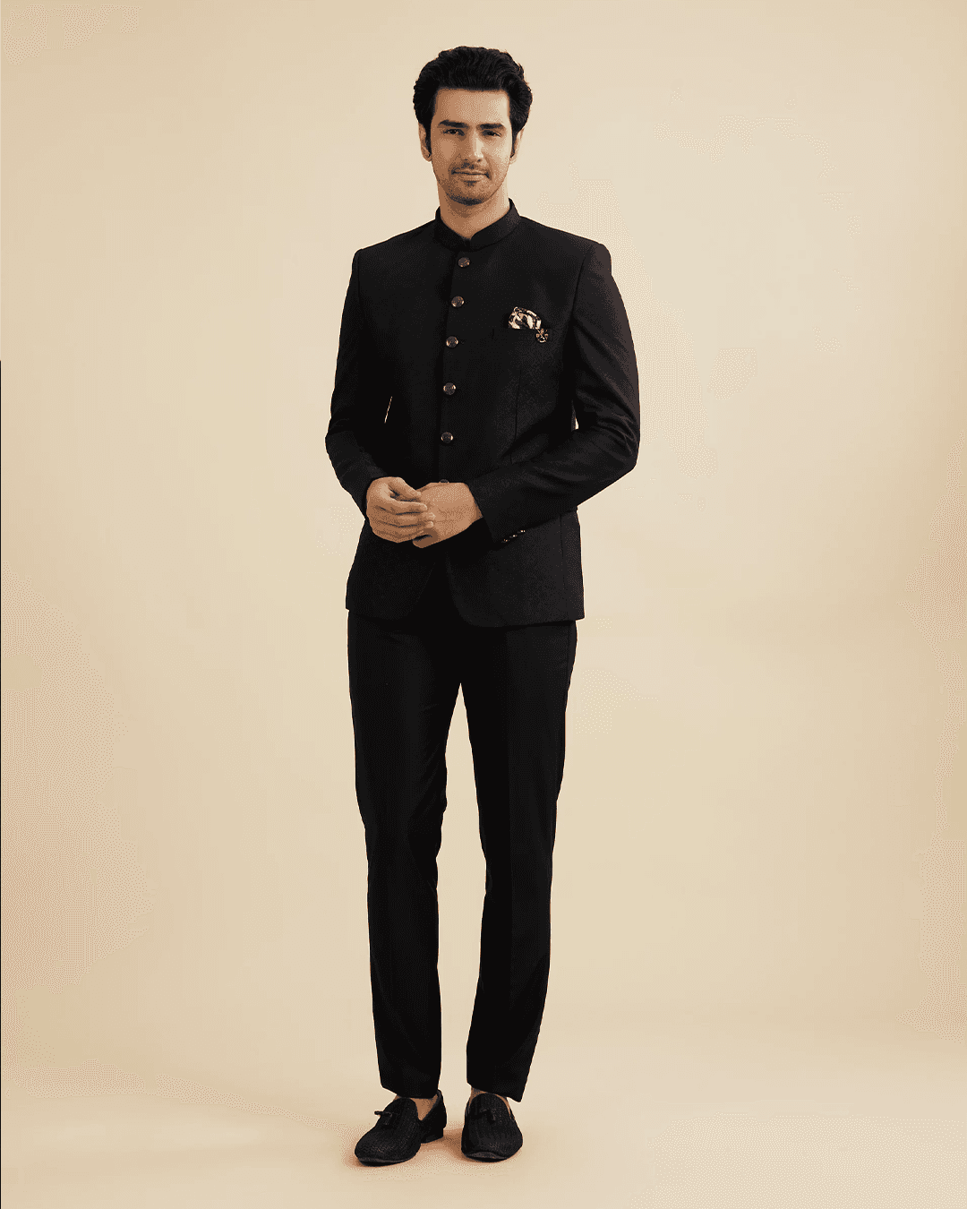 Elegant Dark Blue Brocade Suit Set - XL