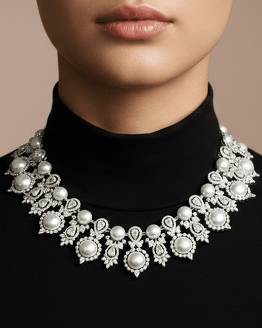 Elegant Pearl & American Diamond Statement Necklace Set