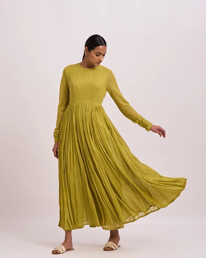 Ghoomar Anarkali Lemon Green set