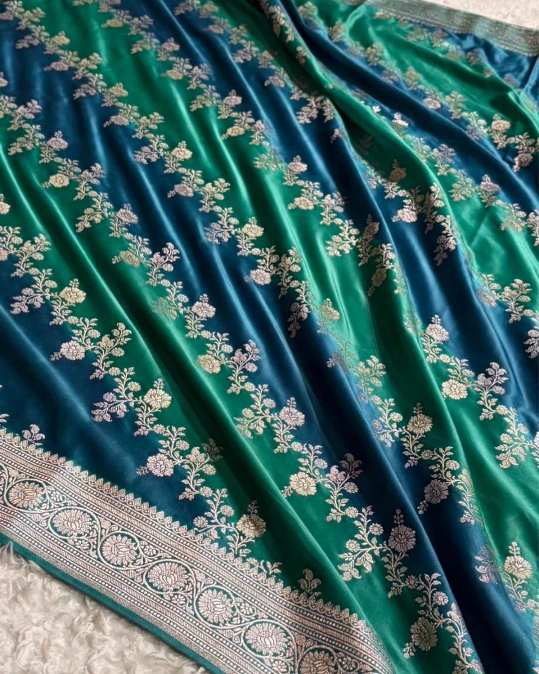 Blue green Ombré pure Mashru katan silk Banarasi handloom saree