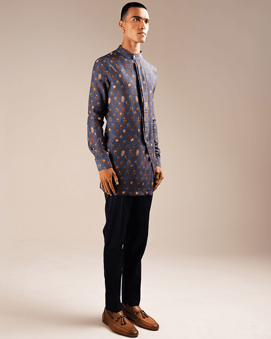 navy flora side slit kurta