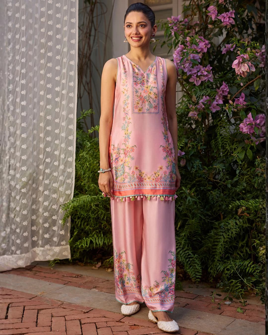Zivae Cupro Satin Printed Pink Kurta With Farshi Salwar