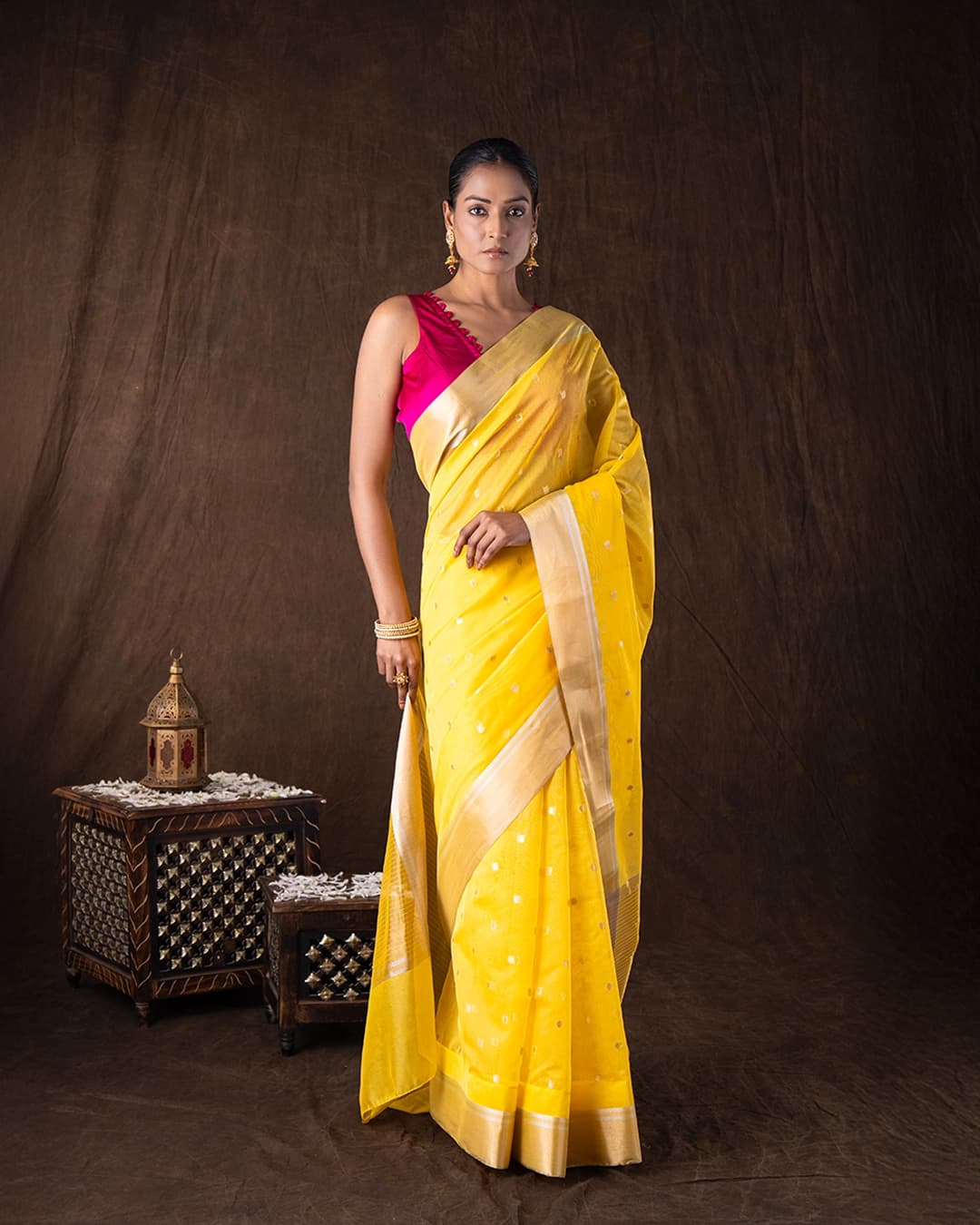 Yellow Katan Silk Zari Boota Banarasi Handloom Saree