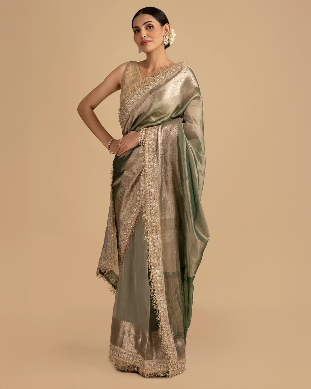 Green Shade Crushed Tissue Silk Banarasi handloom Saree