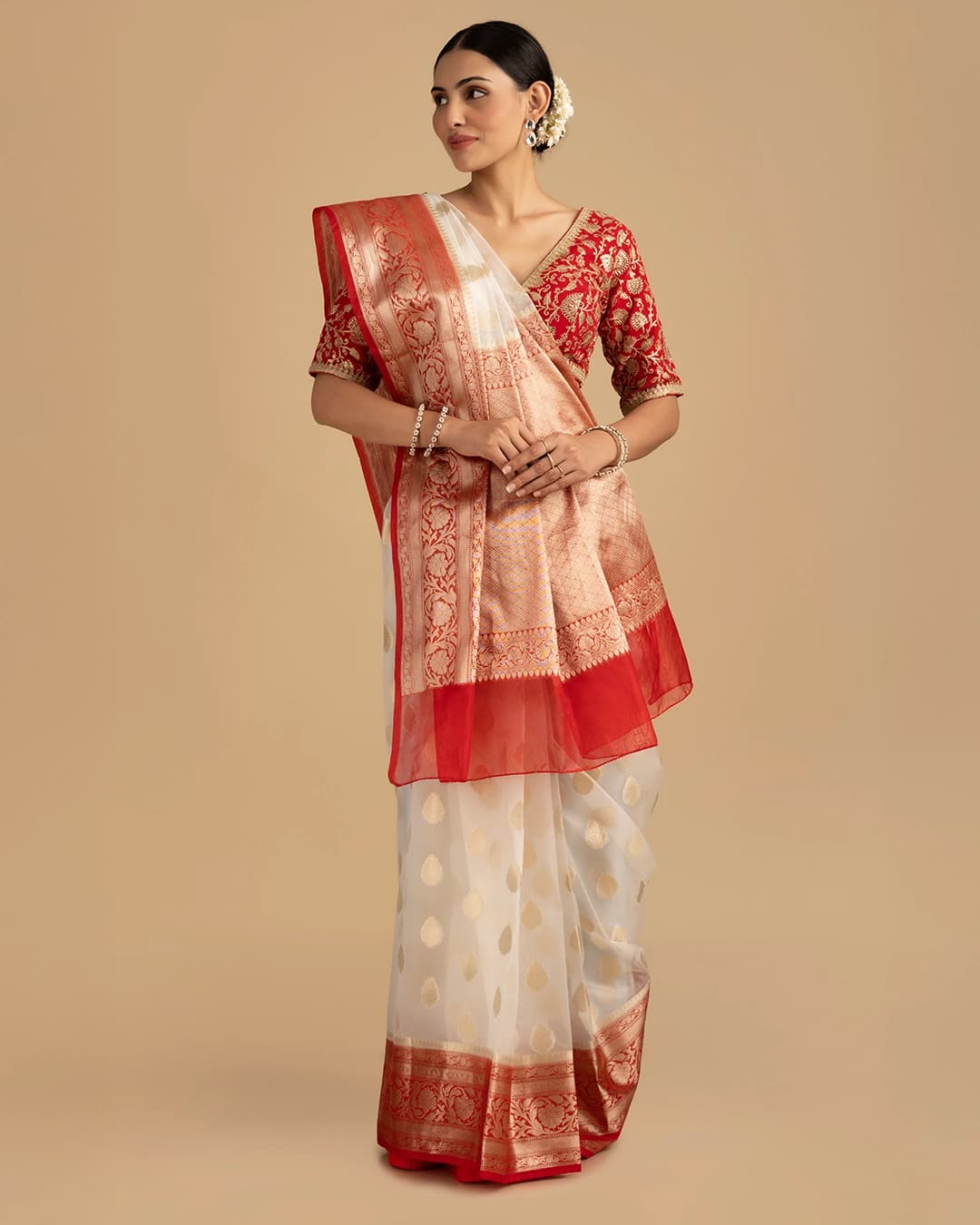 White - Red Kora Organza Silk Banarasi Handloom Saree