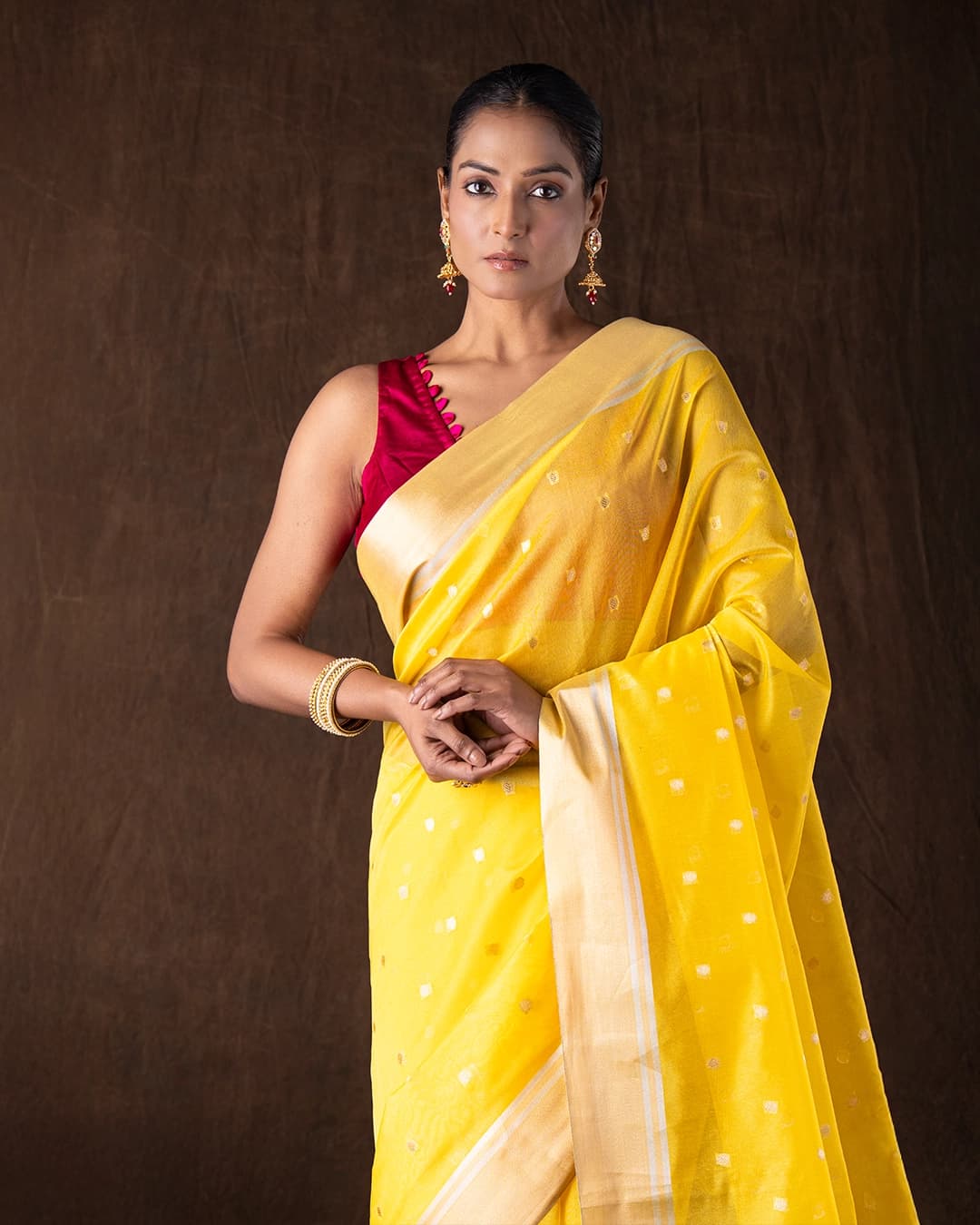 Yellow Katan Silk Zari Boota Banarasi Handloom Saree