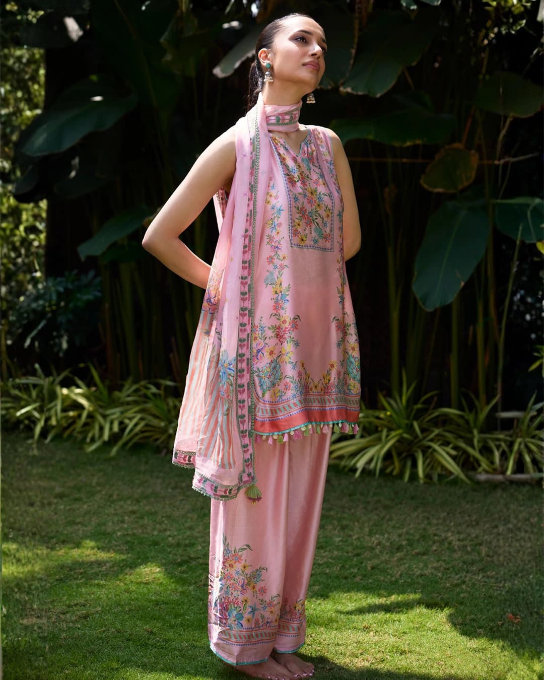Zivae Cupro Satin Printed Pink Kurta With Farshi Salwar
