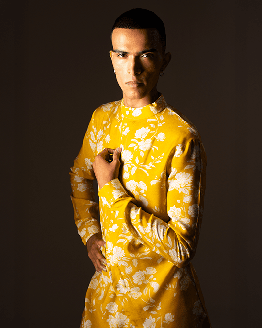 yellow white rose side slit kurta
