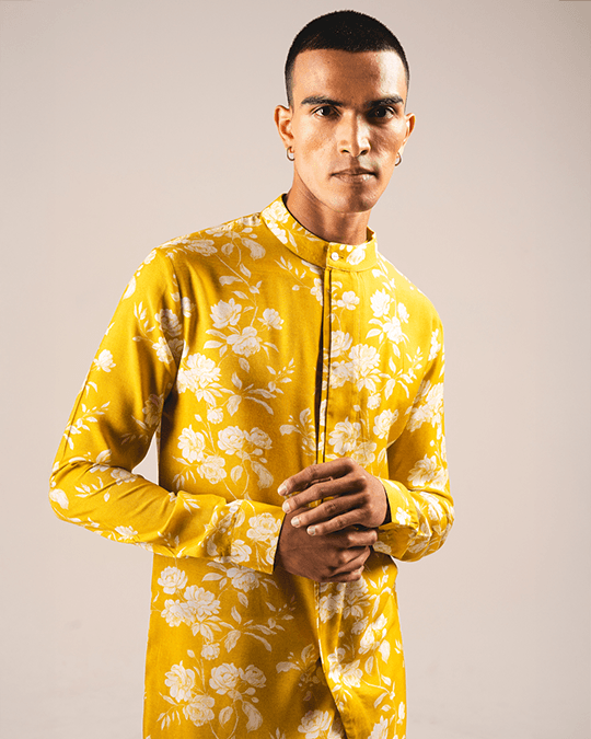 yellow white rose side slit kurta