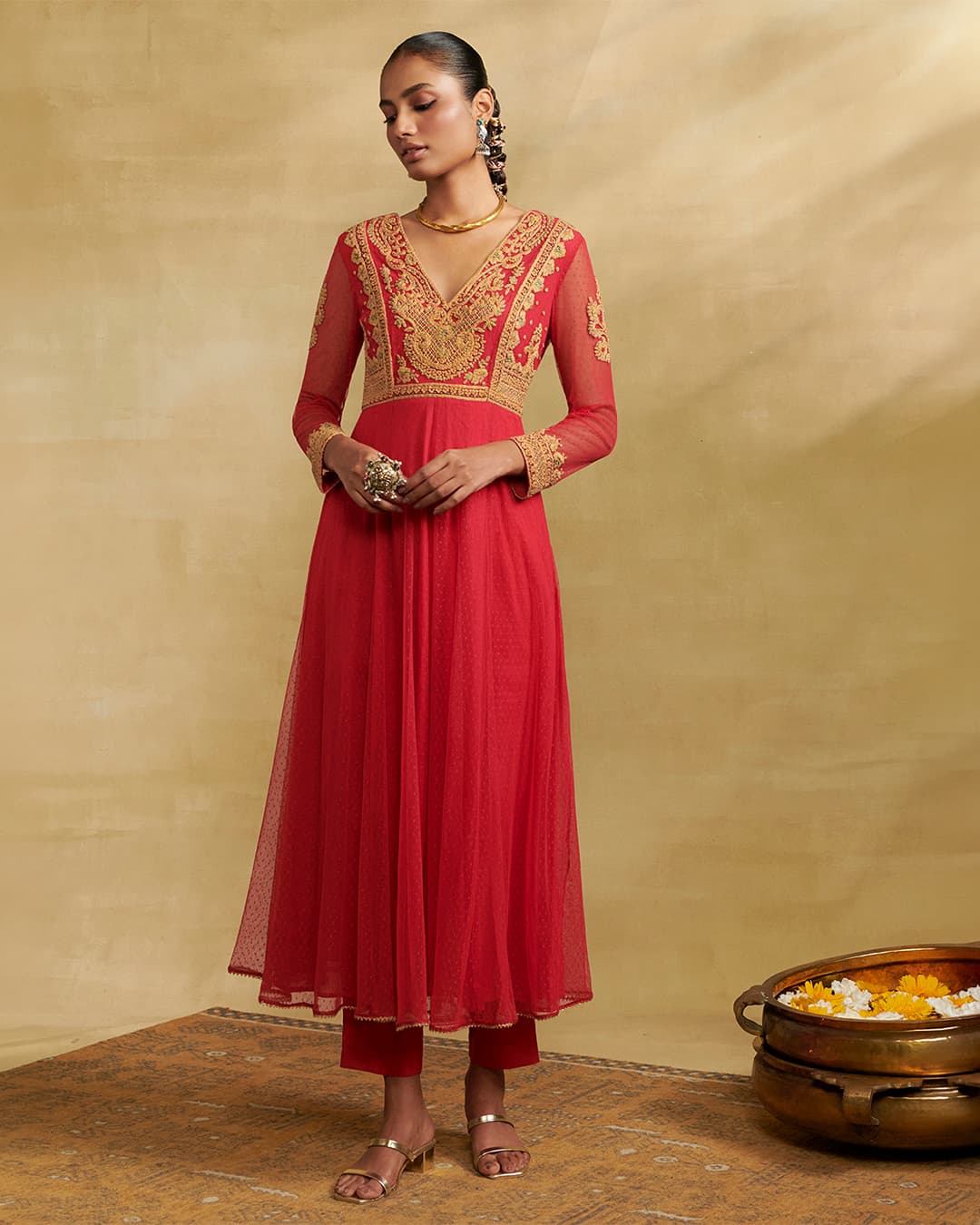 Red Moonflower Solid Suit Set