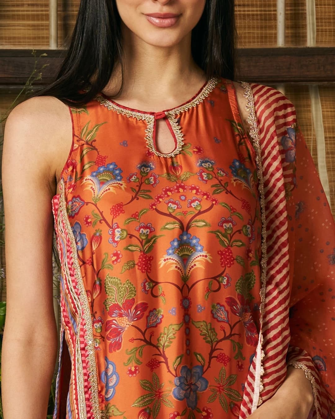 Taali Cupro Satin Printed Orange Kurta Set