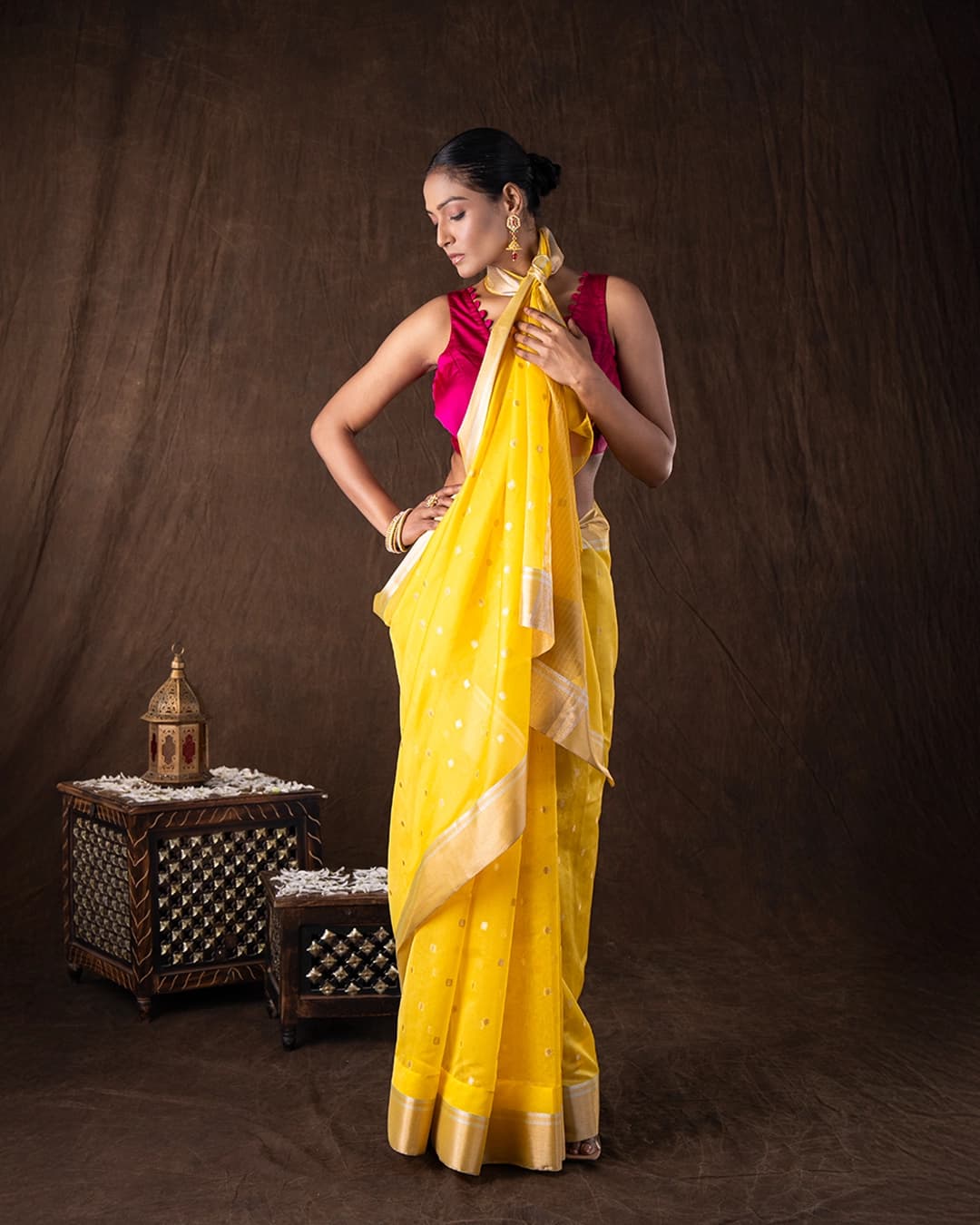 Yellow Katan Silk Zari Boota Banarasi Handloom Saree