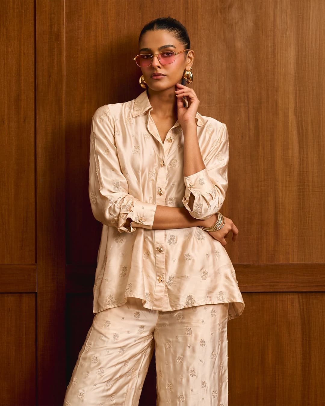 Santree Cupro Satin Champagne Shirt Set