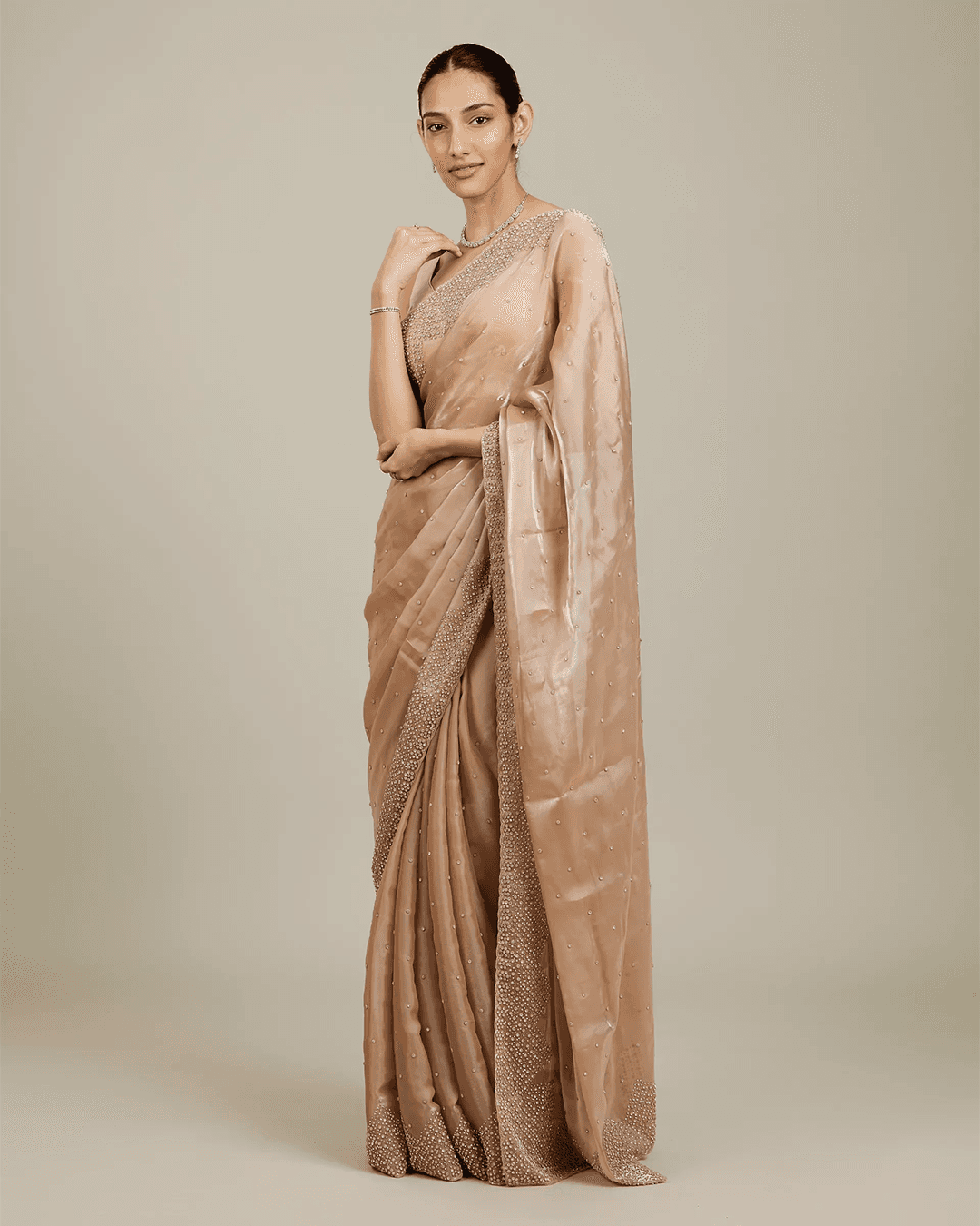 Beige Saree with Mirror Work