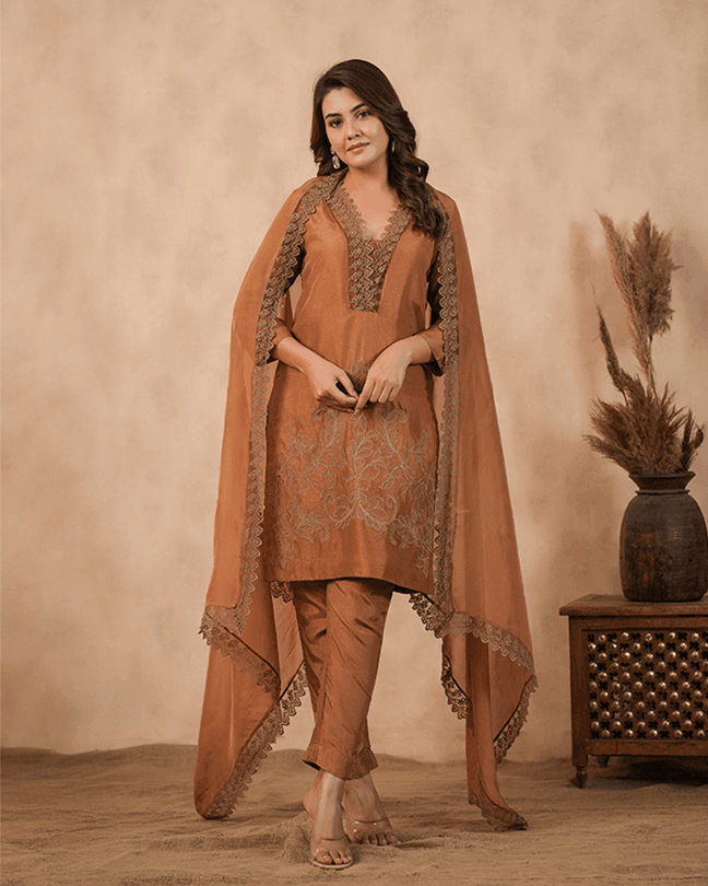 Brown Embroidered Suit set ( Set of 3 )