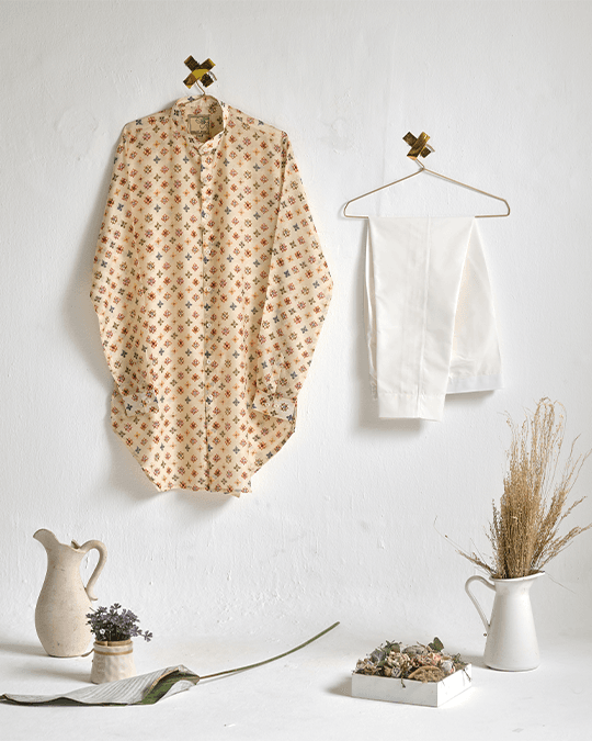 cream sitara malai cotton kurta pajama set cream caribbean bandi