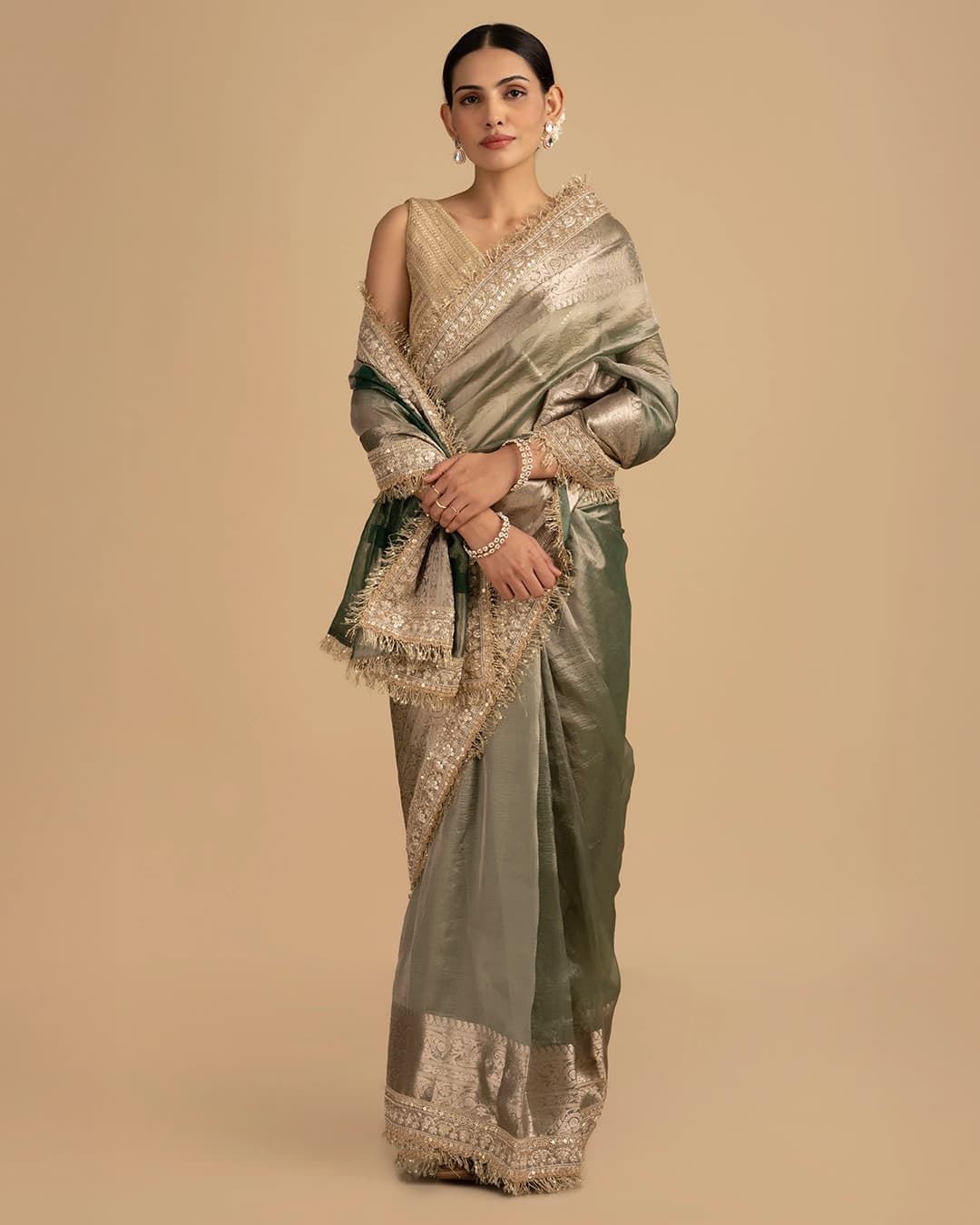 Green Shade Crushed Tissue Silk Banarasi handloom Saree