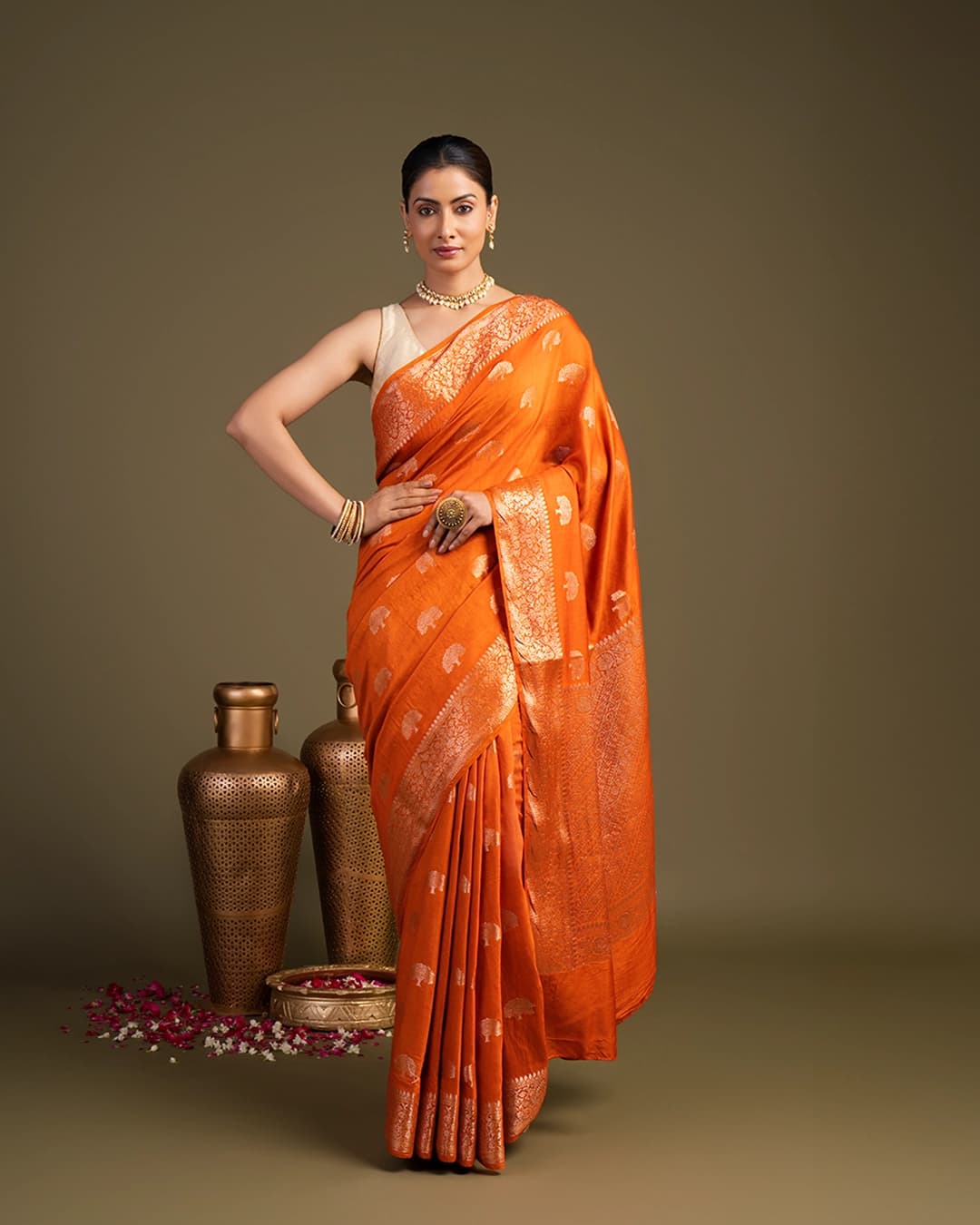 Orange Pure monga banarasi handloom saree