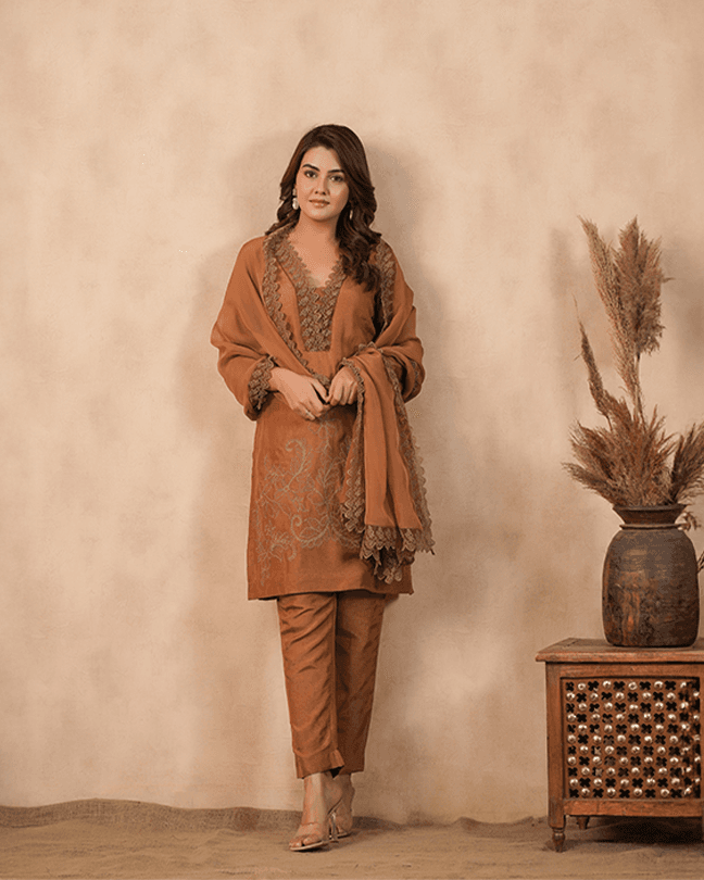 Brown Embroidered Suit set ( Set of 3 )